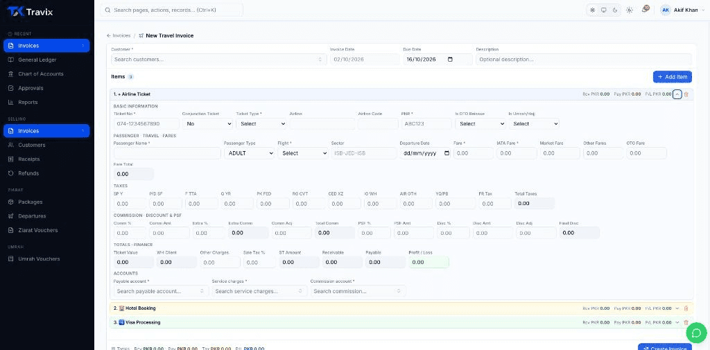 New travel invoice with airline ticket, hotel booking and visa lines