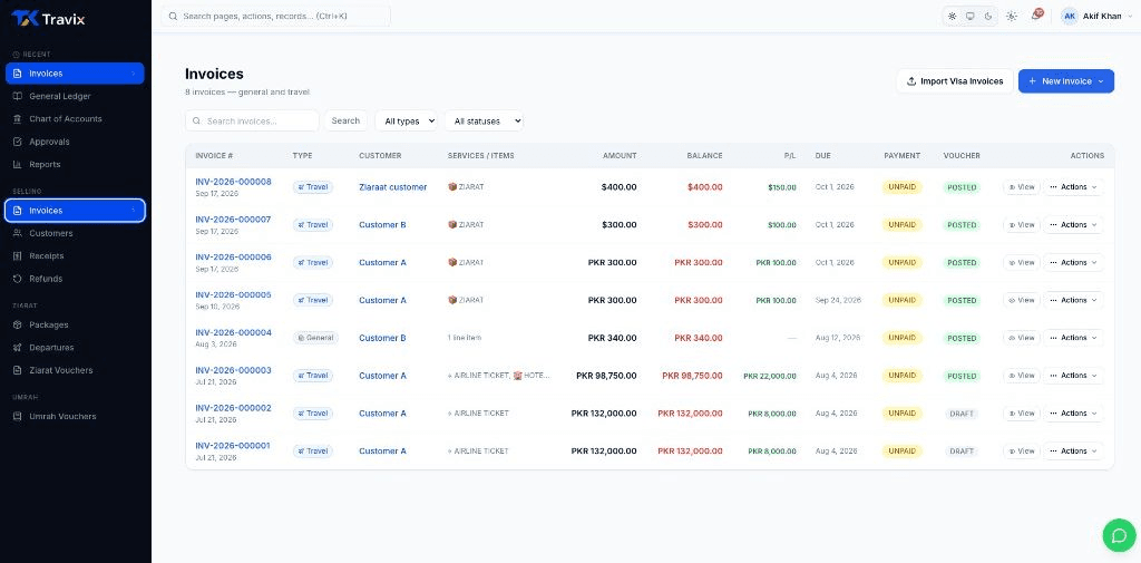 Invoice list with travel and general invoices, balances and status