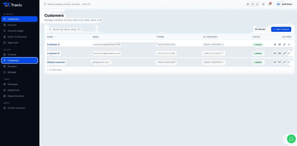 Customer records with contact details and status