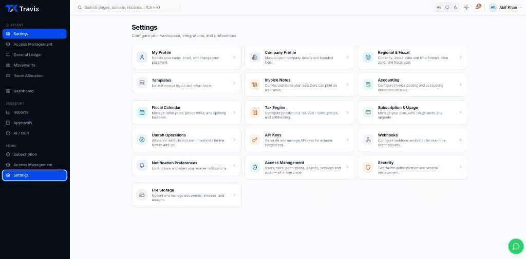 Workspace settings for company, tax, accounting and security